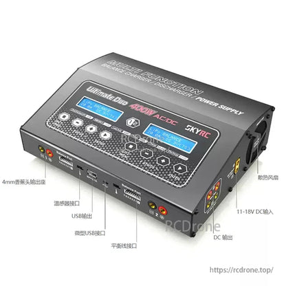 SkyRC D400 Ultimate Duo 400W Balance Charger, SkyRC D400 Ultimate Duo 400W AC/DC dual-channel balance charger with dual LCD screens, USB and balance ports