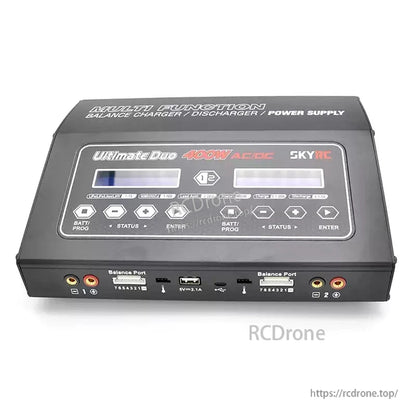SkyRC D400 Ultimate Duo 400W Balance Charger, SkyRC D400 Ultimate Duo AC/DC balance charger with dual LCD screens, two balance ports, and output terminals