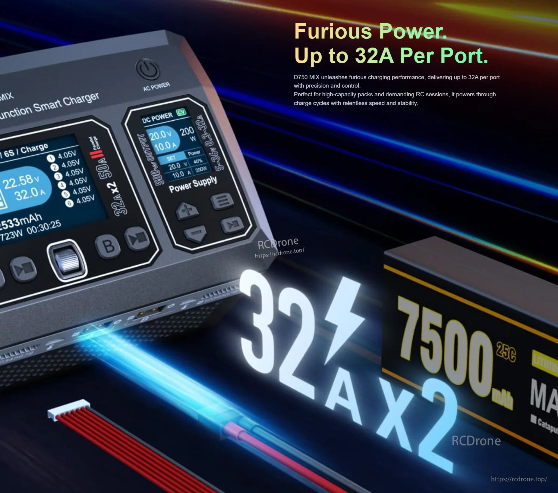 SkyRC D750 MIX AC/DC Smart Charger, 1600W DC/500W AC, 8S LiPo, 32A/Port, PD3.0 20W