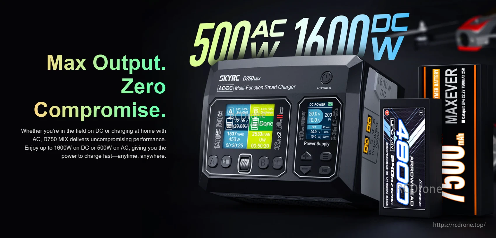 SkyRC D750 MIX AC/DC Smart Charger, 1600W DC/500W AC, 8S LiPo, 32A/Port, PD3.0 20W