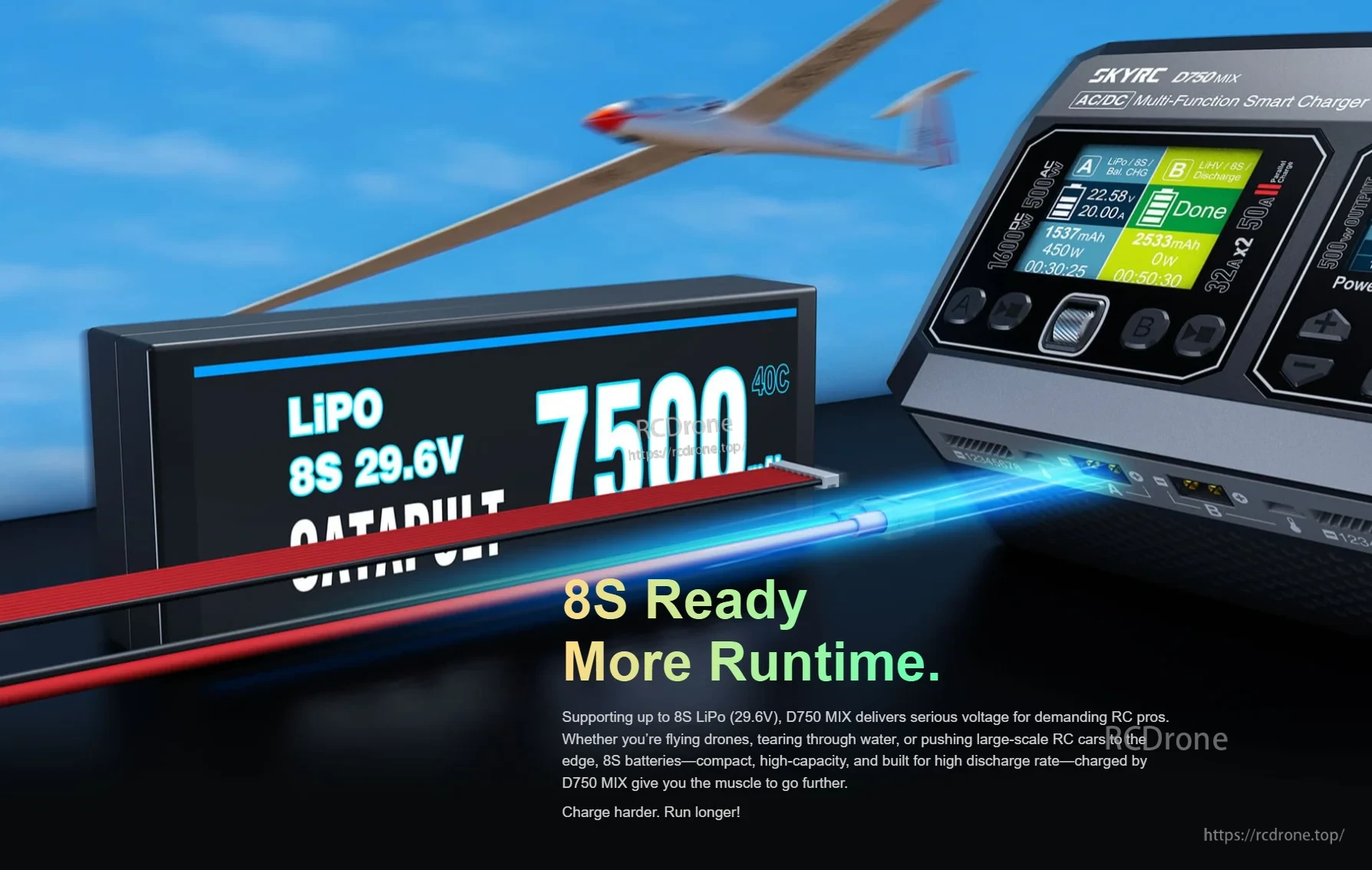 SkyRC D750 MIX AC/DC Smart Charger, 1600W DC/500W AC, 8S LiPo, 32A/Port, PD3.0 20W