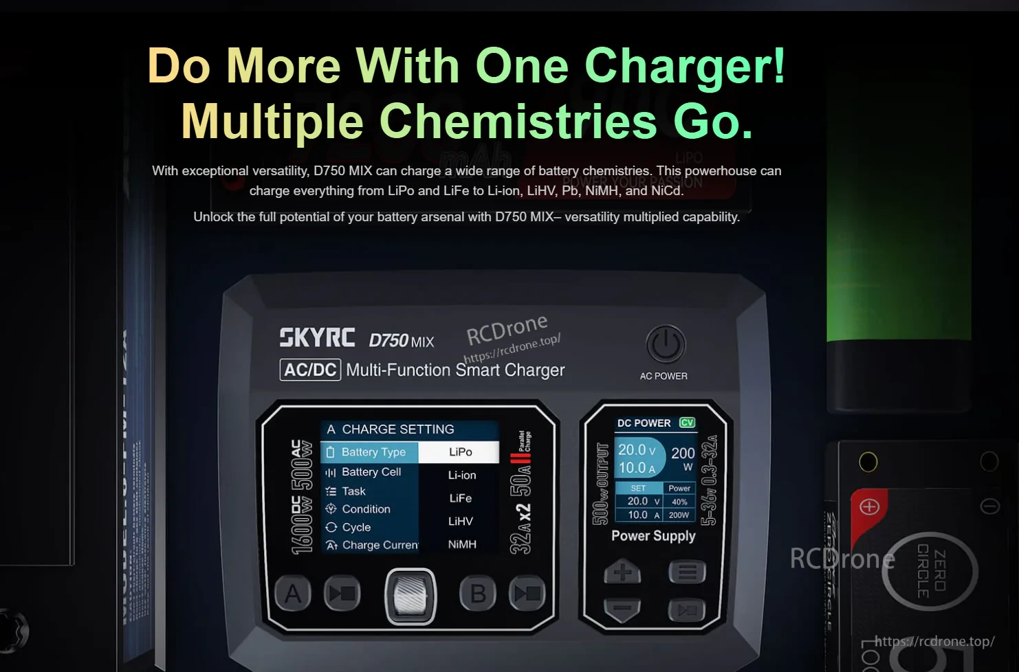 SkyRC D750 MIX AC/DC Smart Charger, 1600W DC/500W AC, 8S LiPo, 32A/Port, PD3.0 20W