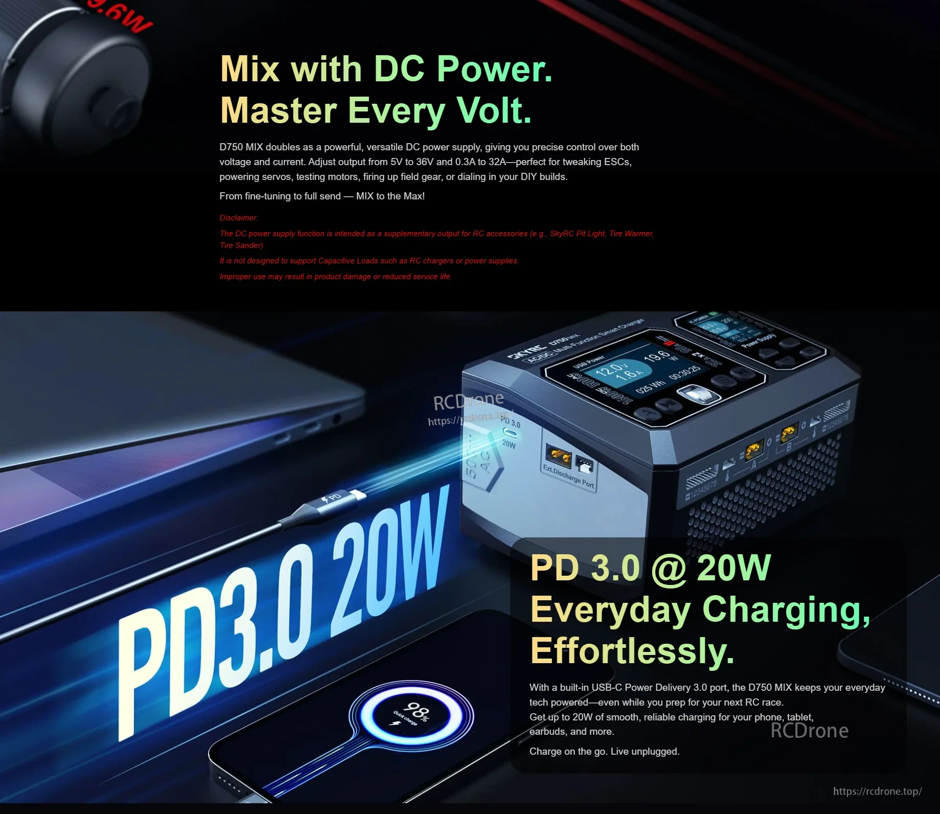 SkyRC D750 MIX AC/DC Smart Charger, 1600W DC/500W AC, 8S LiPo, 32A/Port, PD3.0 20W