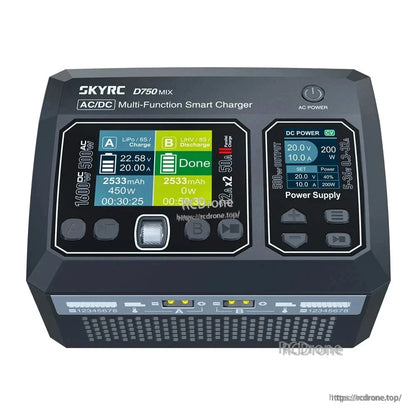 SkyRC D750 MIX AC/DC smart charger with dual LCD status screens and front control buttons