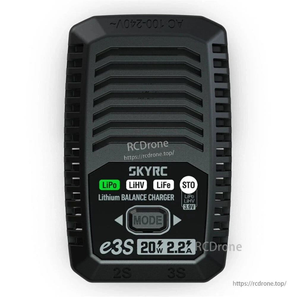 SkyRC E3S 20W 2.2A lithium balance charger front panel with mode button and LiPo/LiHV/LiFe indicators
