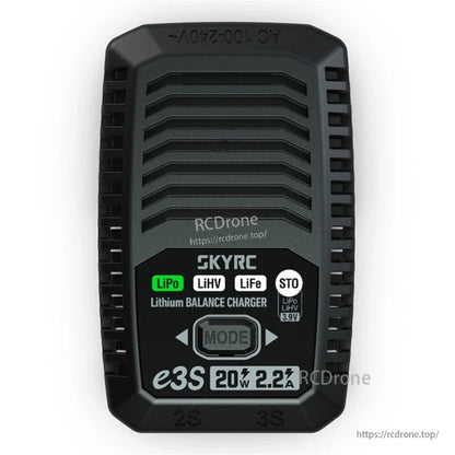 SkyRC E3S 20W 2.2A lithium balance charger front panel with mode button and LiPo/LiHV/LiFe indicators