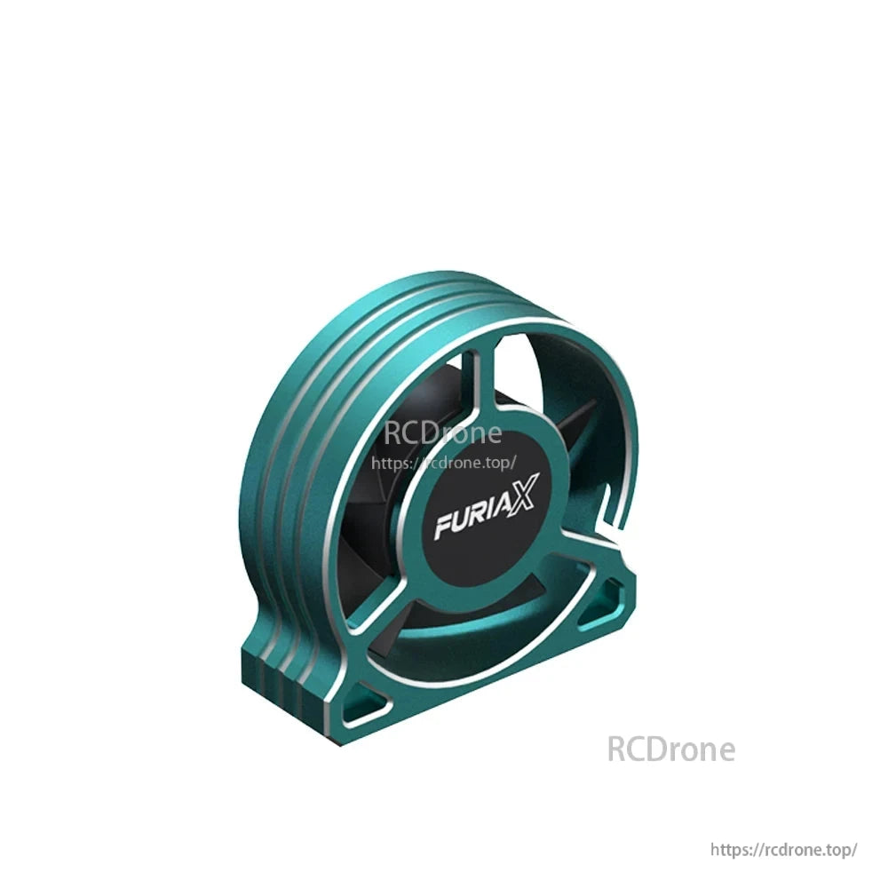 FuriaX round motor fan housing in teal, side view showing curved shroud and base mounts