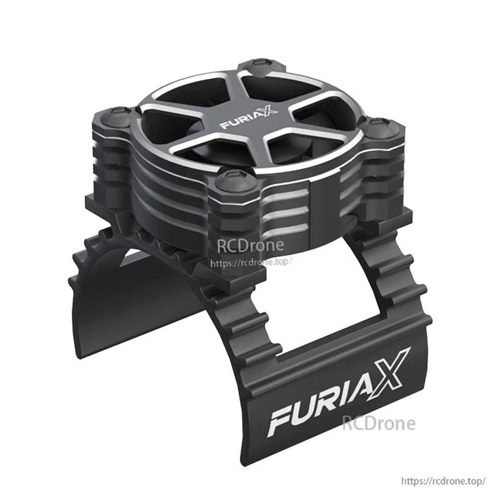 FuriaX finned motor heatsink clamp with top grill, black version angled view