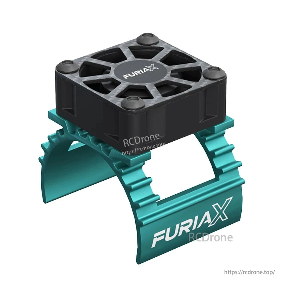 Two-tone setup: black fan module installed on teal heatsink clamp bracket for RC motor cooling