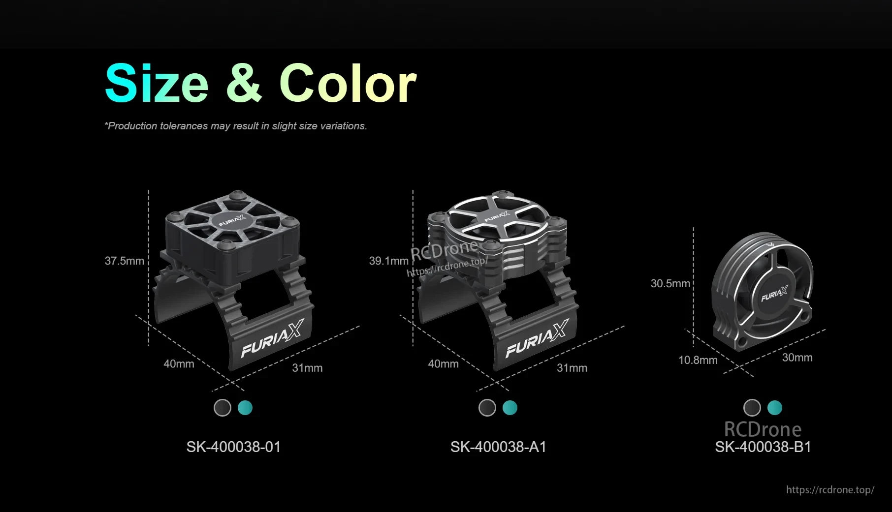 Size and color options with dimensions for SkyRC FuriaX CoolSink fan kits and 3650 motor heatsink