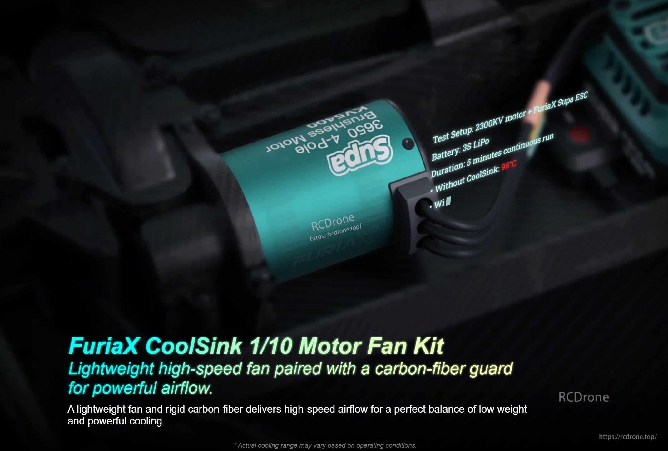 FuriaX CoolSink 1/10 motor fan kit with carbon-fiber guard mounted on a 3650 motor for high-speed airflow