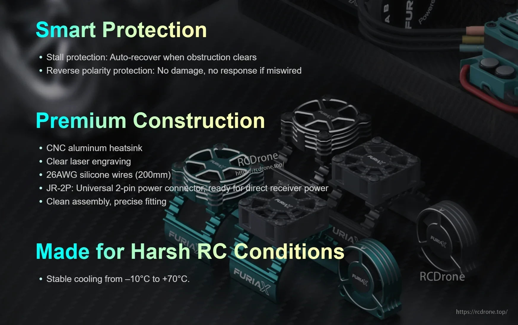 Smart protection and premium construction graphic for FuriaX CoolSink: stall protection, reverse polarity, CNC heatsink and JR-2P plug
