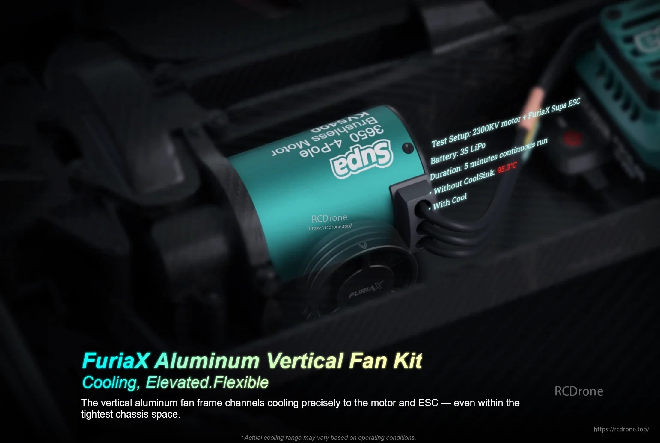 FuriaX aluminum vertical fan kit installed on a 3650 motor, with wiring routed for tight 1/10 chassis space