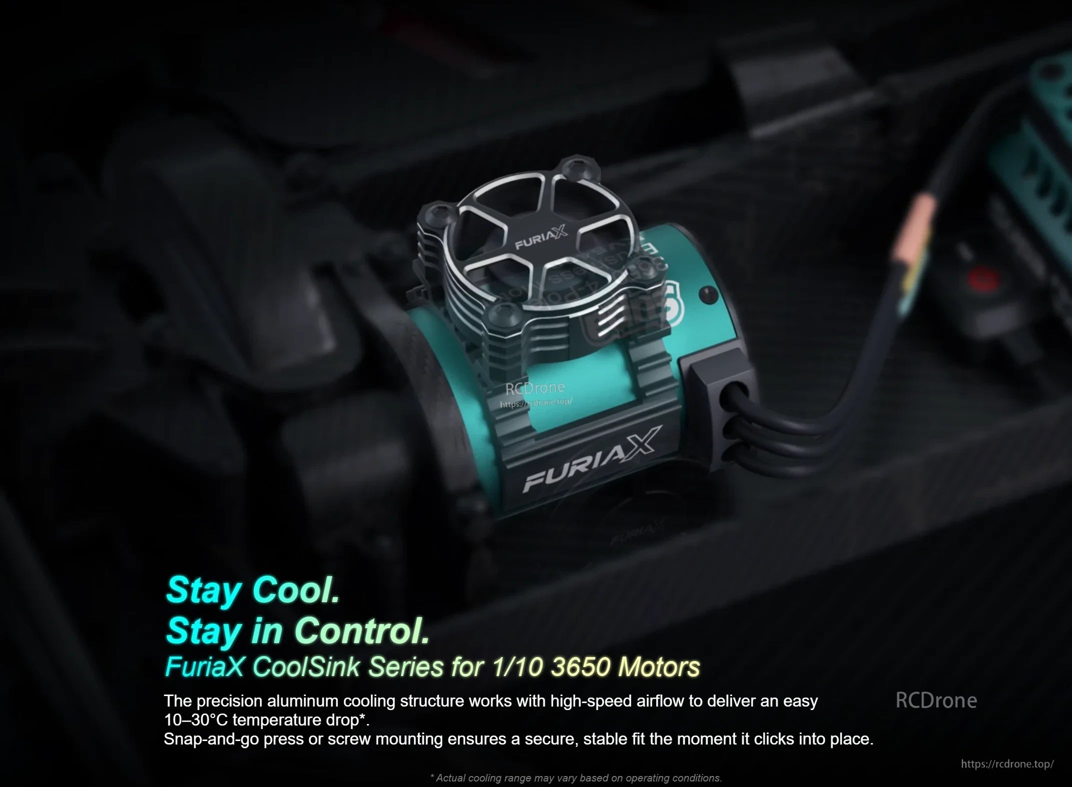 Close-up of FuriaX CoolSink mounted to a 1/10 3650 motor, showing the aluminum heatsink body and top fan guard