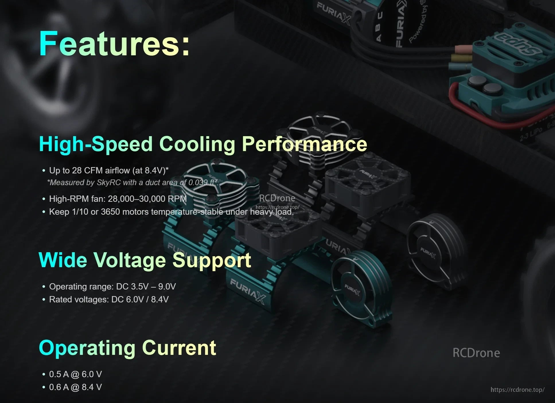 Features graphic listing FuriaX CoolSink airflow up to 28 CFM, 28,000–30,000 RPM fan speed, and 3.5–9.0 V range