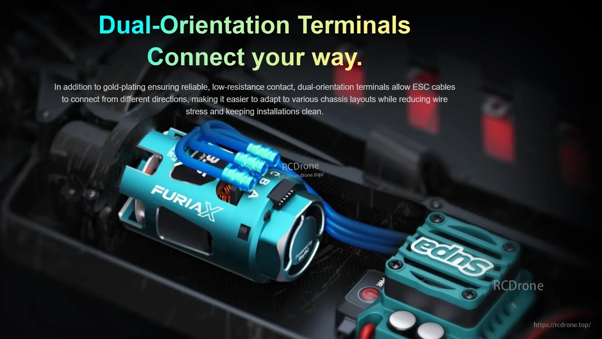 SkyRC FuriaX Hyper Agile motor wired with dual-orientation gold terminals for cleaner ESC cable routing