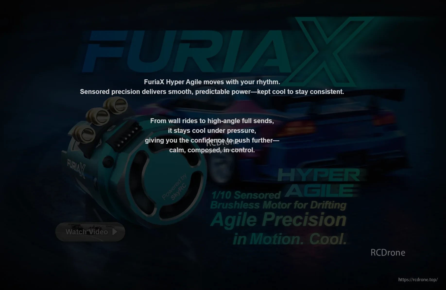 SkyRC FuriaX Hyper Agile sensored drift motor promo graphic focusing on smooth, predictable power