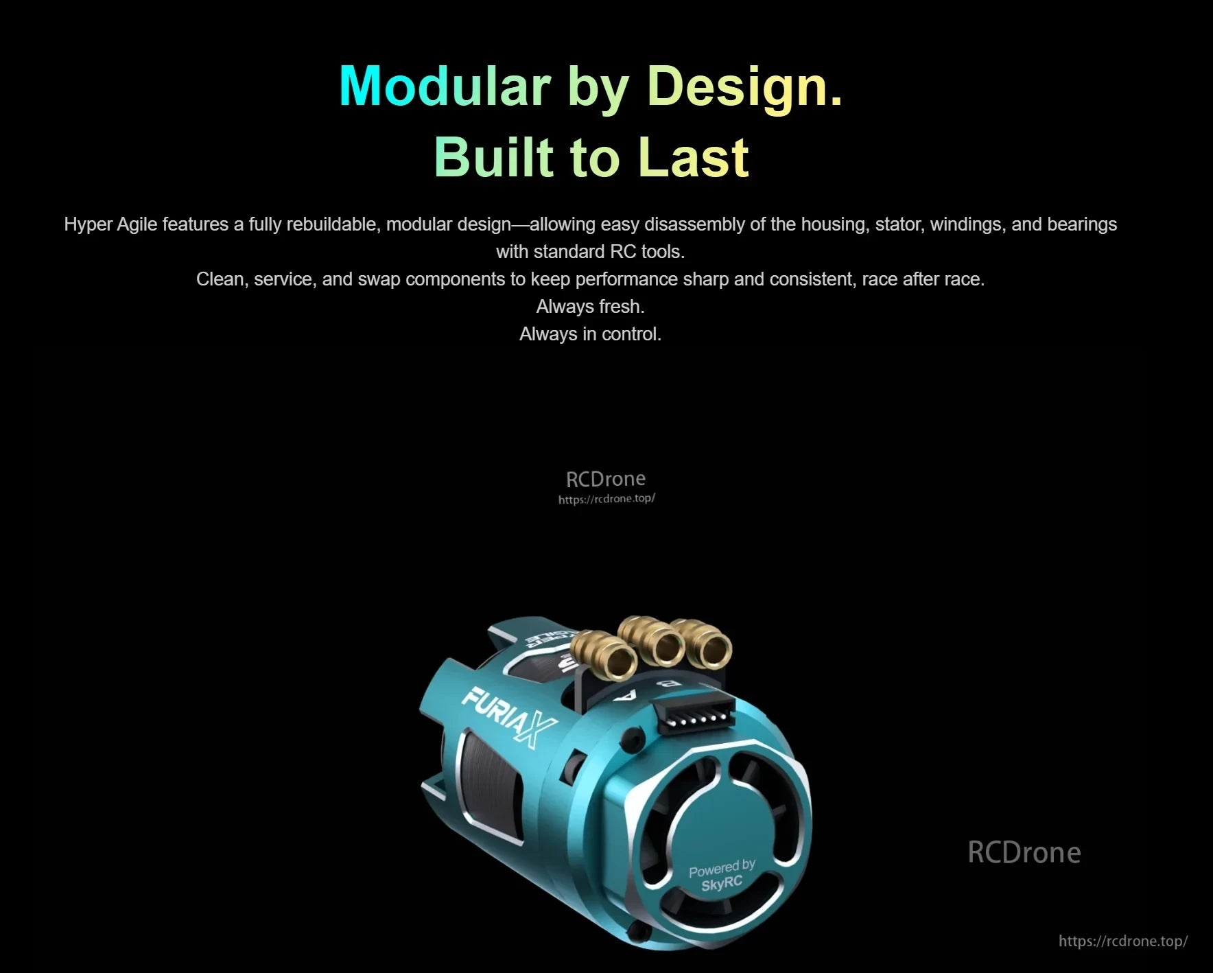SkyRC FuriaX Hyper Agile modular rebuildable motor design with serviceable housing, stator and bearings