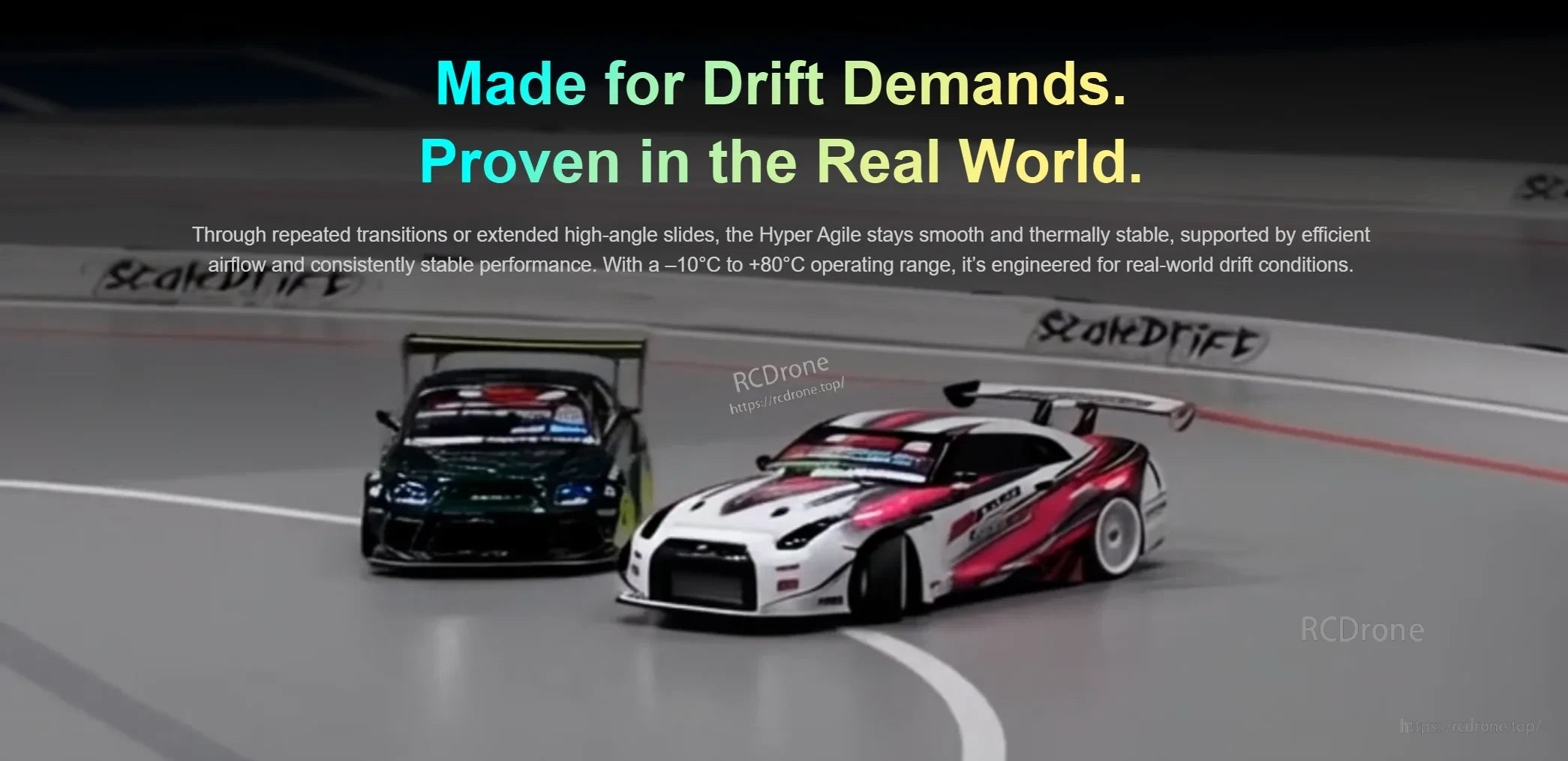 RC drift cars on track graphic for SkyRC FuriaX Hyper Agile motor, emphasizing drift-focused performance