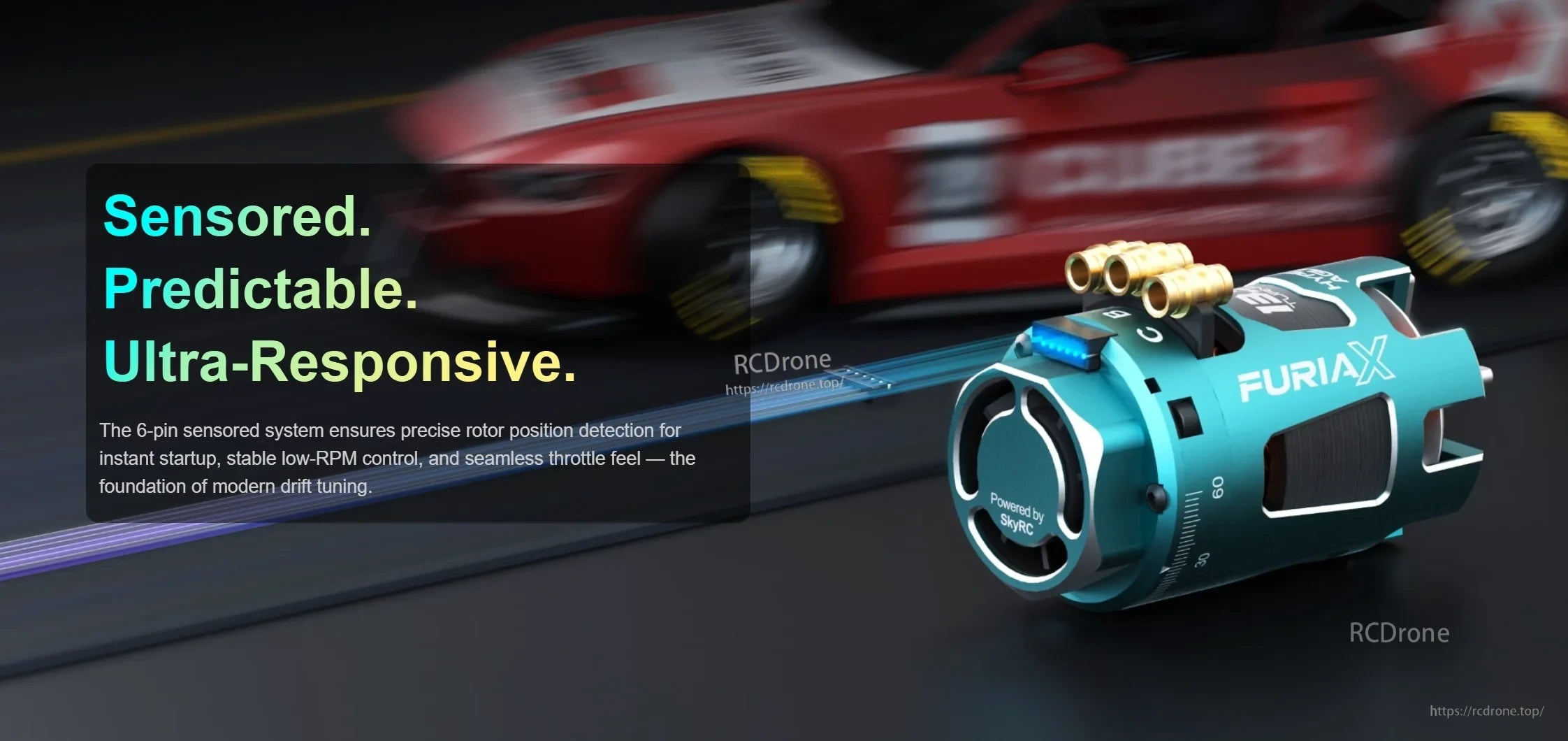SkyRC FuriaX Hyper Agile 6-pin sensored brushless drift motor graphic emphasizing smooth throttle control