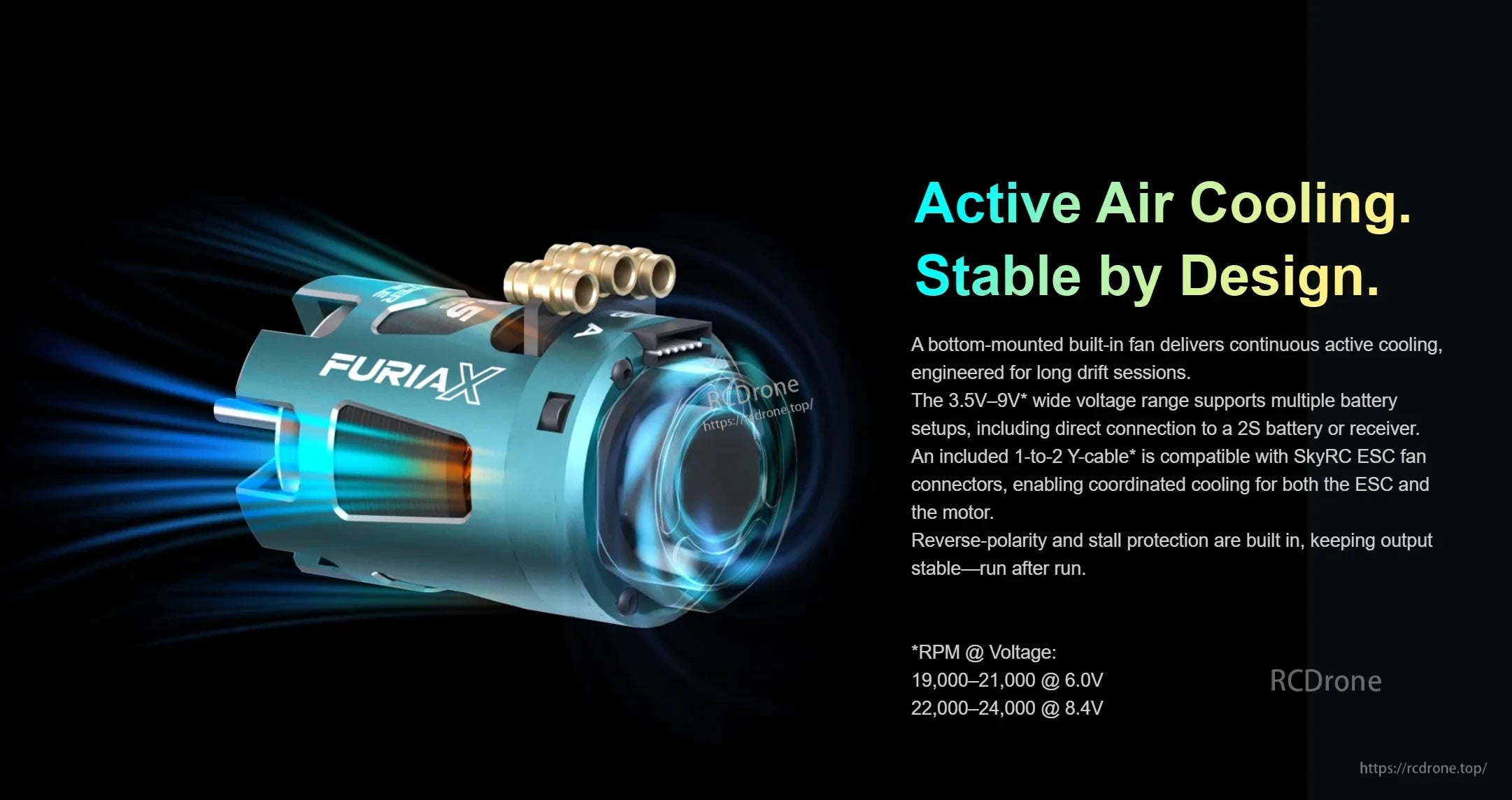 SkyRC FuriaX Hyper Agile bottom-mounted active cooling fan design with airflow effect graphic