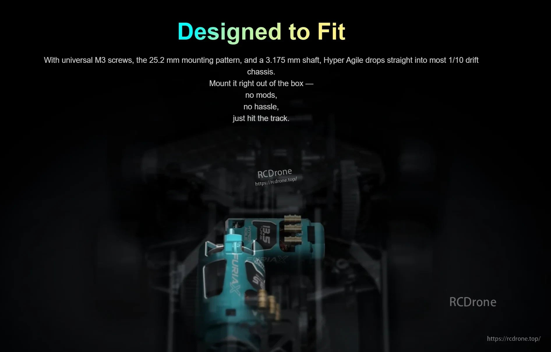 SkyRC FuriaX Hyper Agile fitment graphic listing M3 screws, 25.2mm mounting pattern, 3.175mm shaft