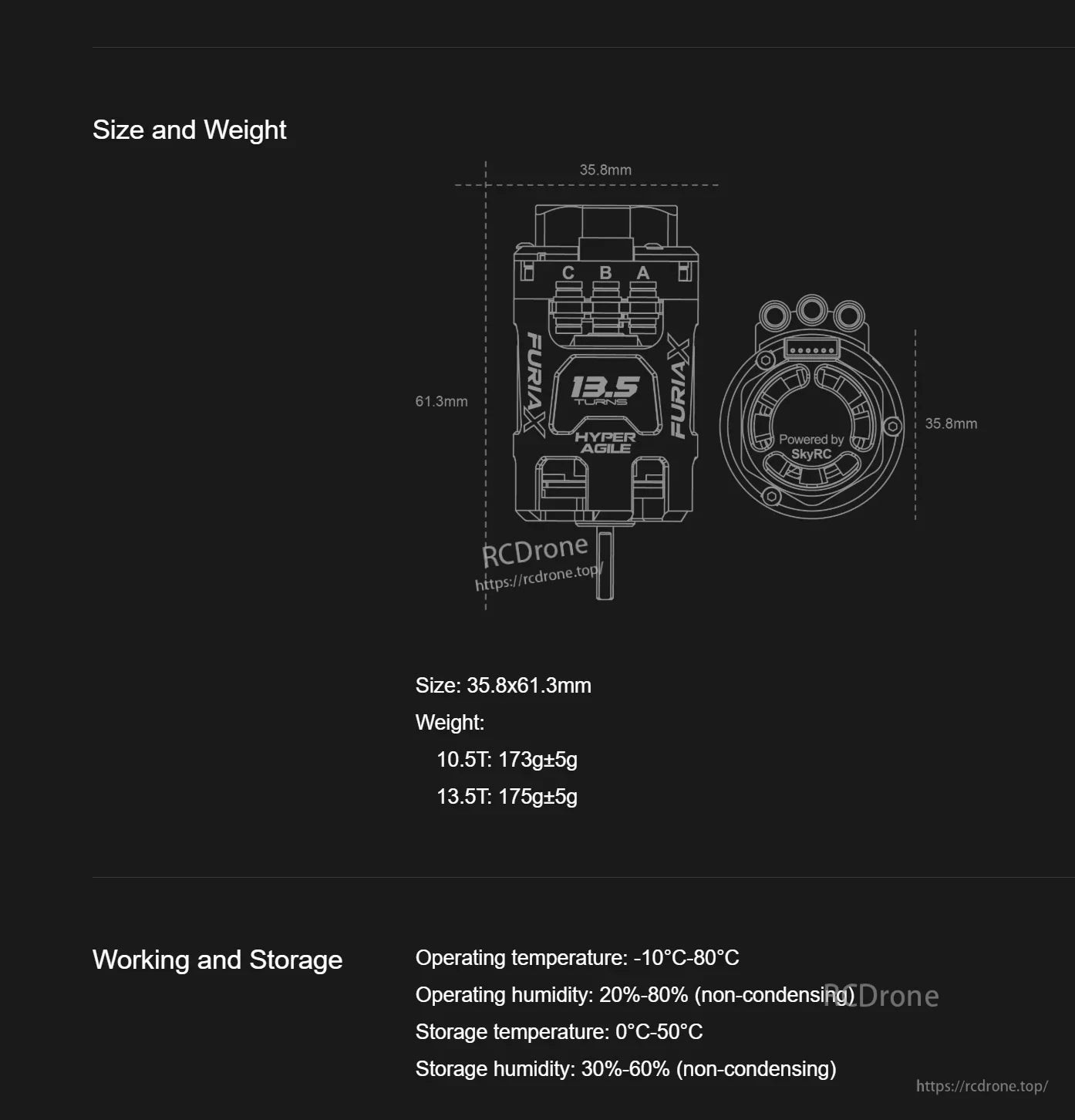 SkyRC FuriaX Hyper Agile drift motor size and weight diagram: 35.8×61.3mm, about 173–175g
