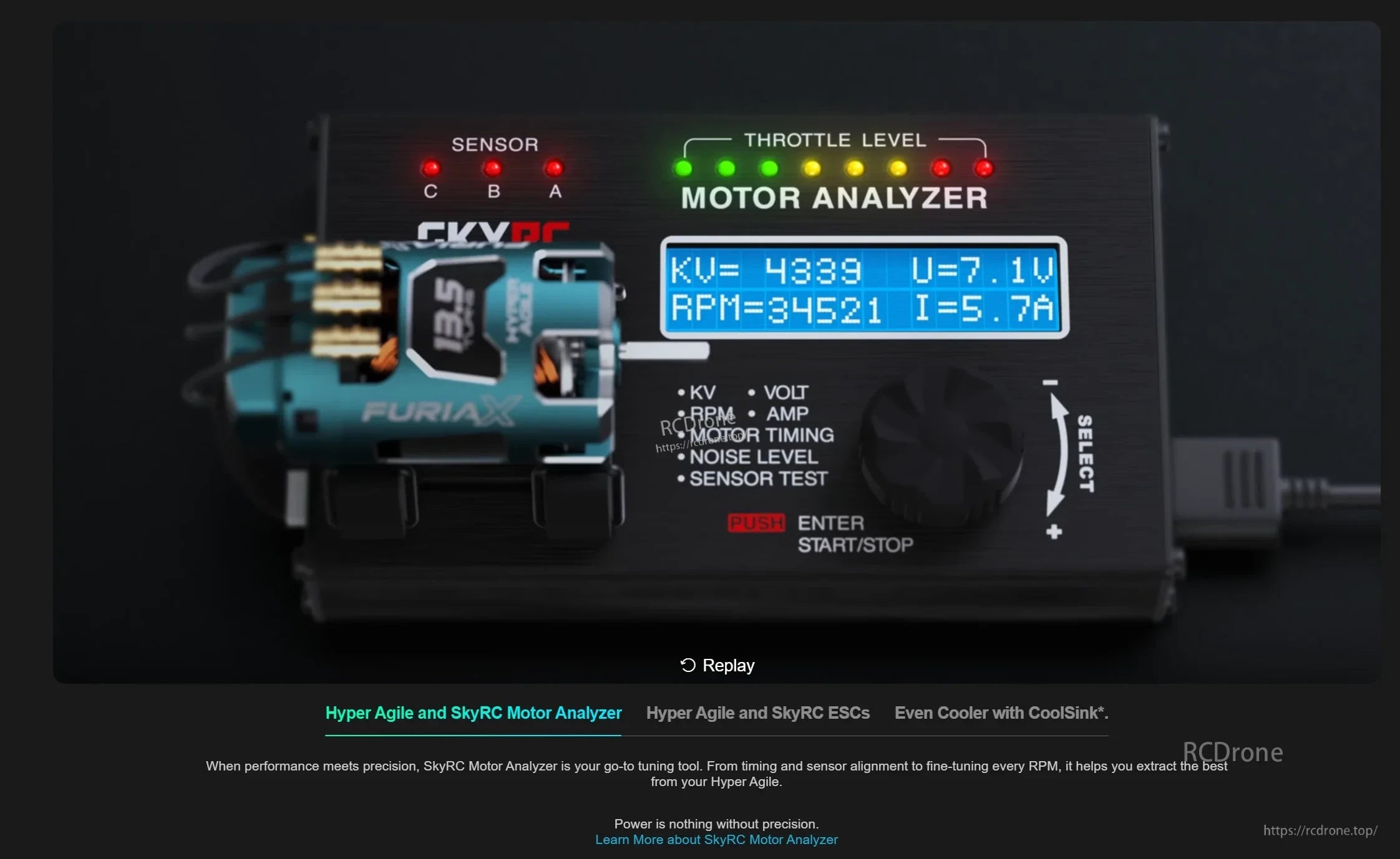 SkyRC motor analyzer screen testing FuriaX motor with live KV, RPM and current readouts via sensor port