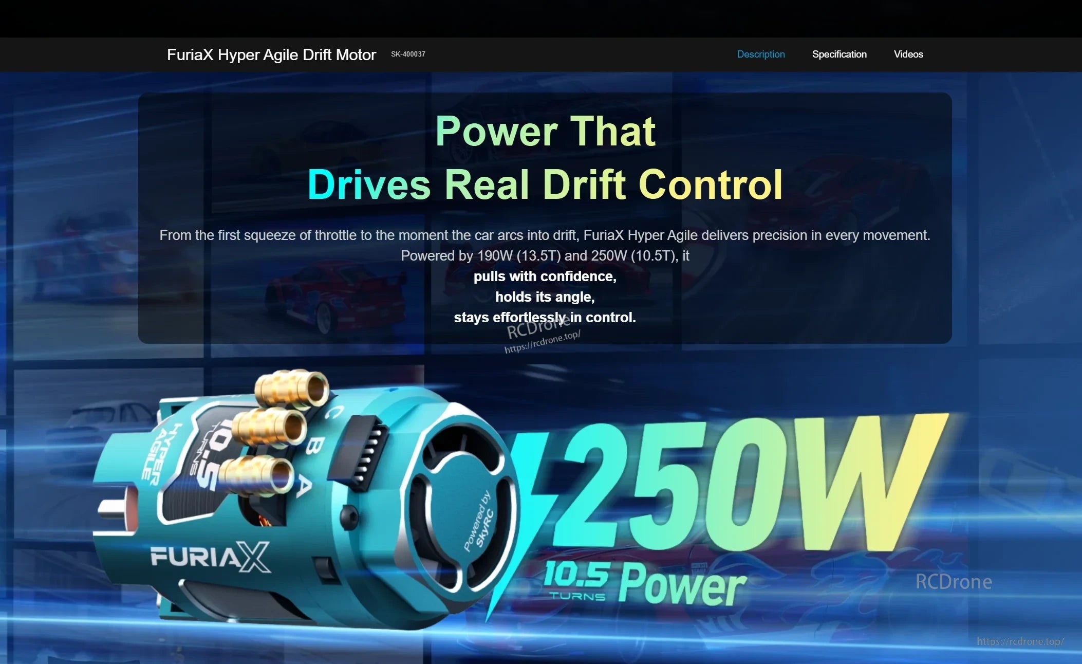 SkyRC FuriaX Hyper Agile drift motor power graphic highlighting up to 250W output for 10.5T option