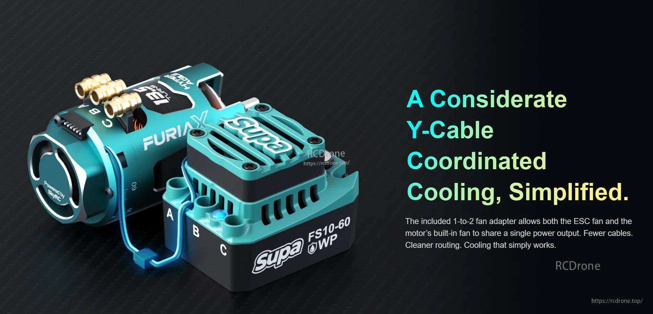 SkyRC FuriaX Hyper Agile motor with included 1-to-2 fan Y-cable for coordinated ESC and motor cooling