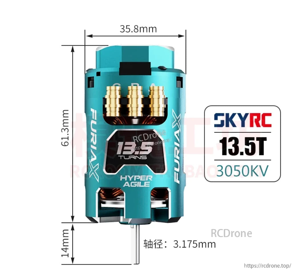 SkyRC FuriaX Hyper Agile 13.5T 3050KV motor size diagram with 35.8mm width, 61.3mm length