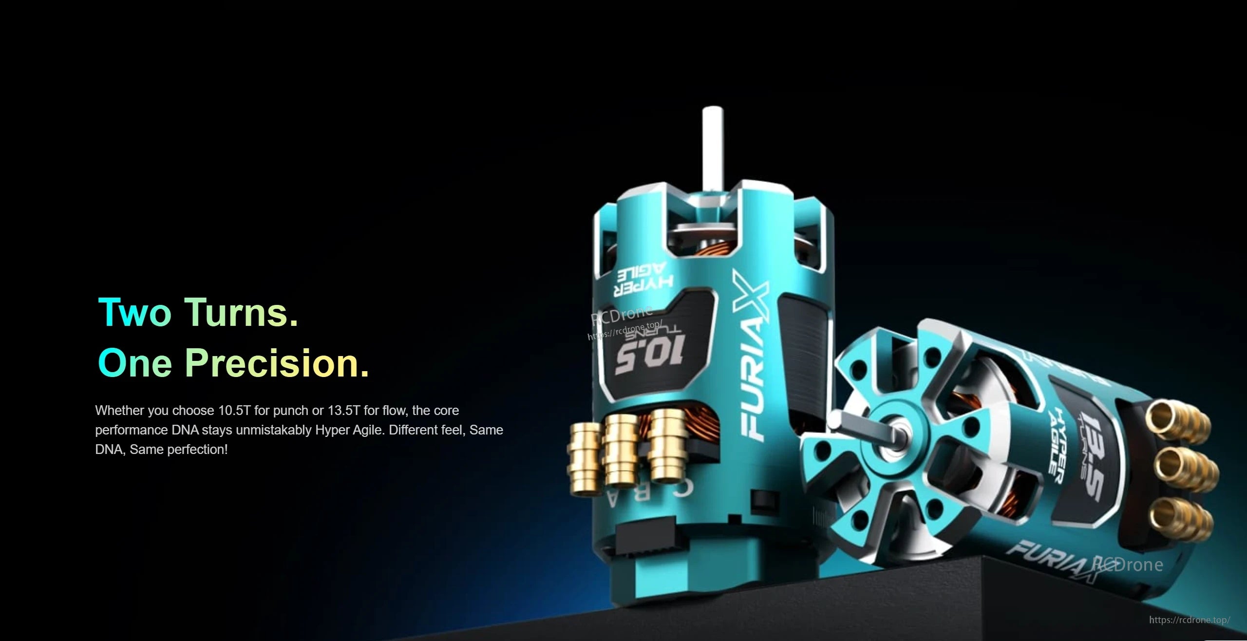 SkyRC FuriaX Hyper Agile drift motor close-up highlighting two turn choices: 10.5T and 13.5T