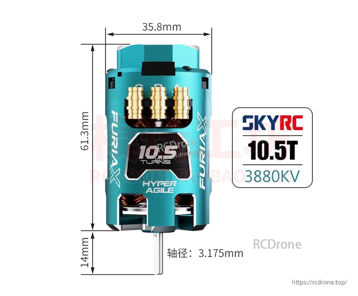 SkyRC FuriaX Hyper Agile 10.5T 3880KV motor size diagram with 35.8mm width, 61.3mm length