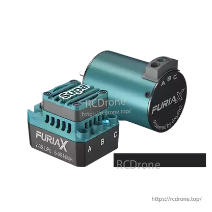 Supa 3650 motor with FuriaX ESC angled view showing motor endbell, mounting tabs, and labeled terminals