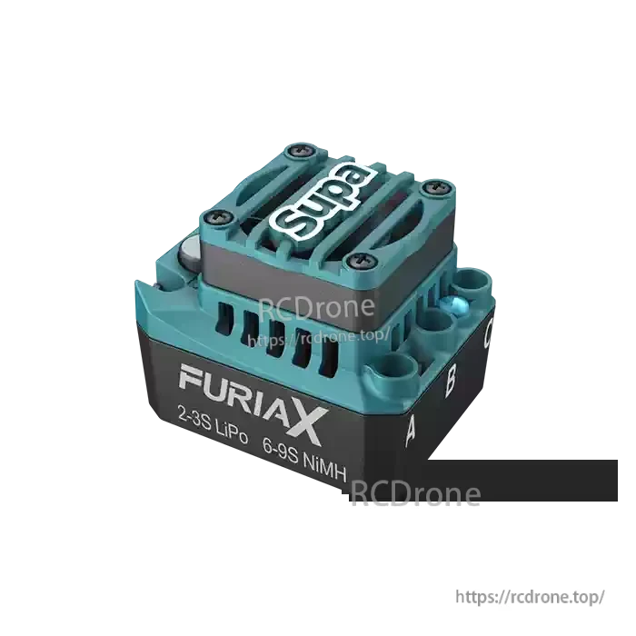 SkyRC FuriaX Supa ESC close-up showing cooling fins, A/B/C motor terminals, and 2–3S LiPo input label
