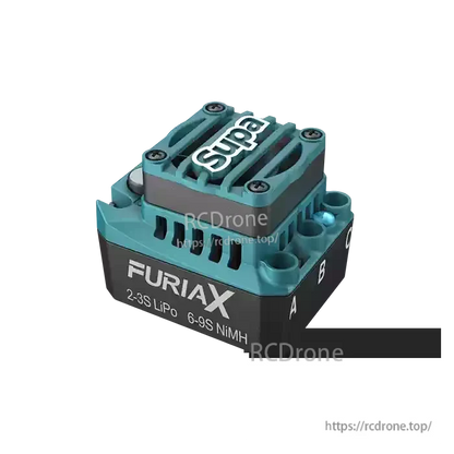 SkyRC FuriaX Supa ESC close-up showing cooling fins, A/B/C motor terminals, and 2–3S LiPo input label