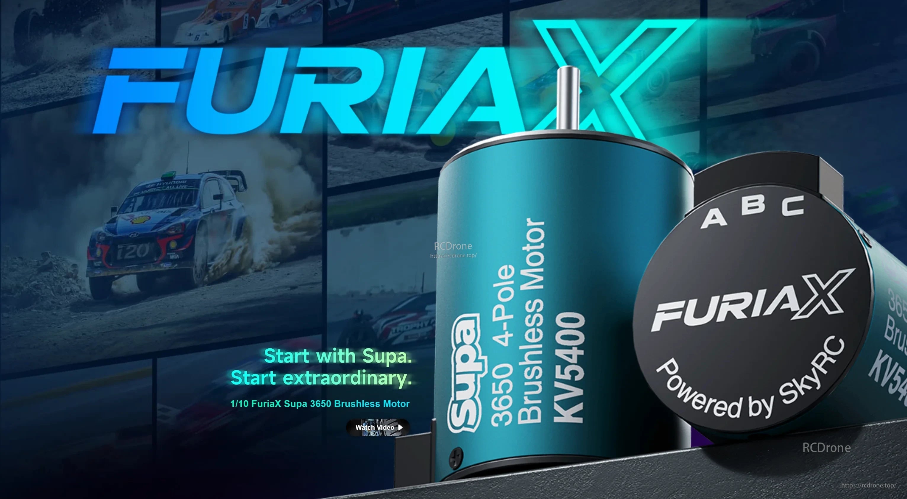 SkyRC FuriaX Supa 3650 4-pole brushless motor hero graphic, KV5400 can and endbell branding