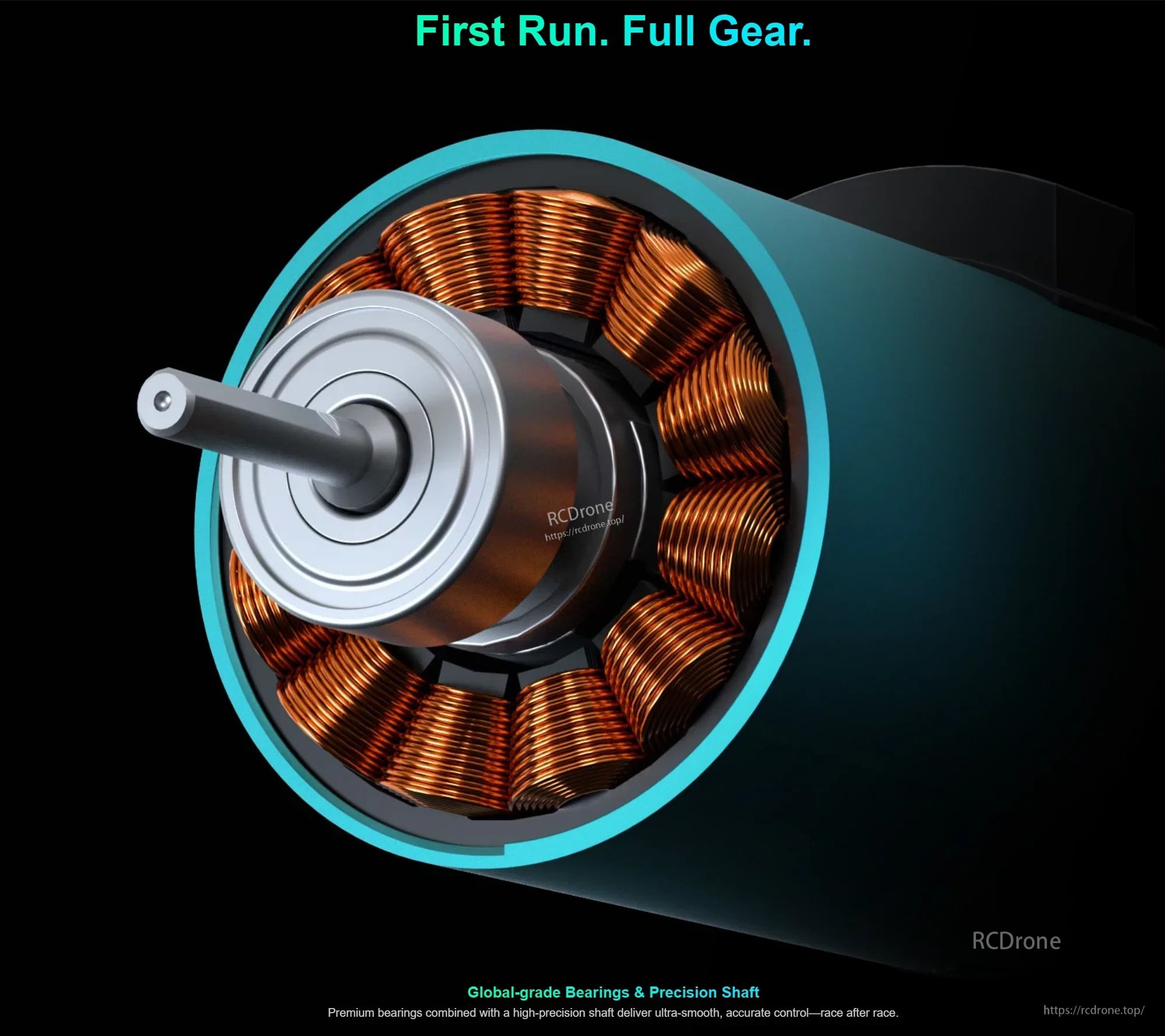 Cutaway view of brushless motor rotor, bearings and copper windings highlighting precision shaft build