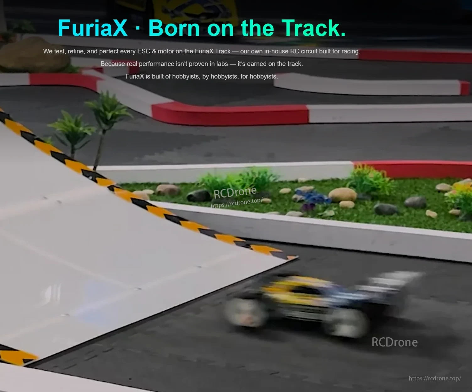 Indoor RC track scene with racing car motion blur and text about FuriaX being born on the track
