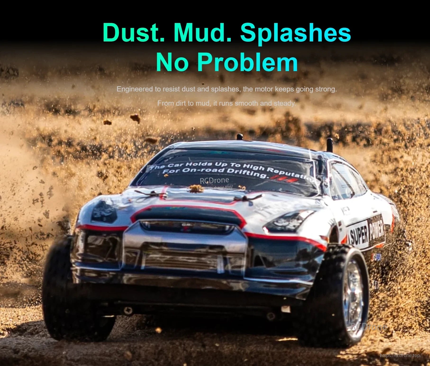 Off-road RC car throwing mud and water with text about dust, mud and splash resistance