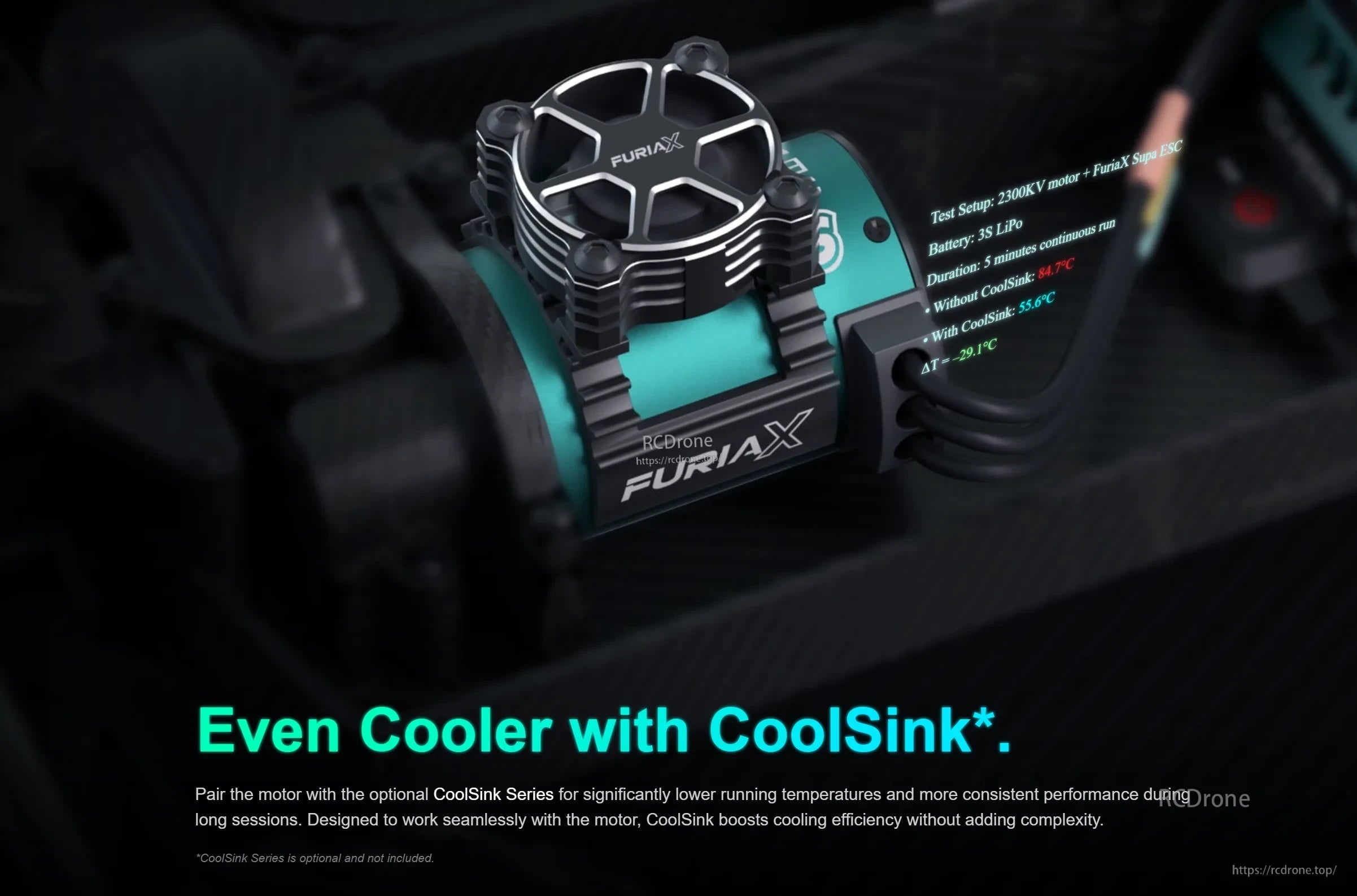 FuriaX motor installed with optional CoolSink cooling fan/heatsink accessory on top of the motor