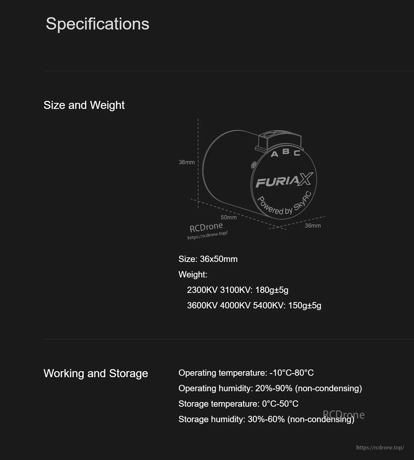 Specifications page showing 36x50mm size, weight by KV option, plus operating and storage ranges