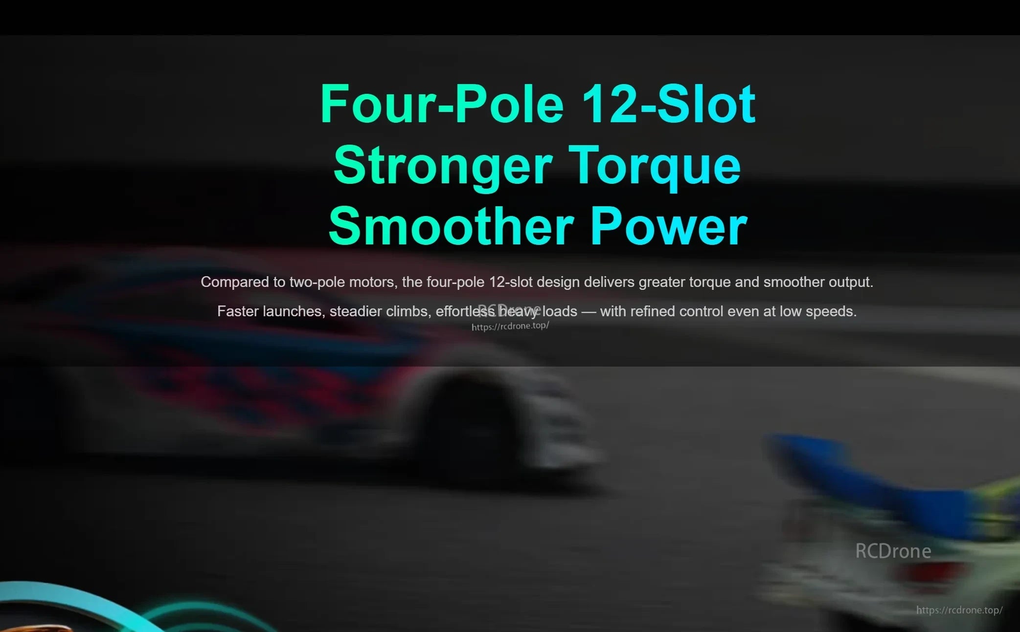 Graphic emphasizing four-pole 12-slot motor design for stronger torque and smoother power delivery