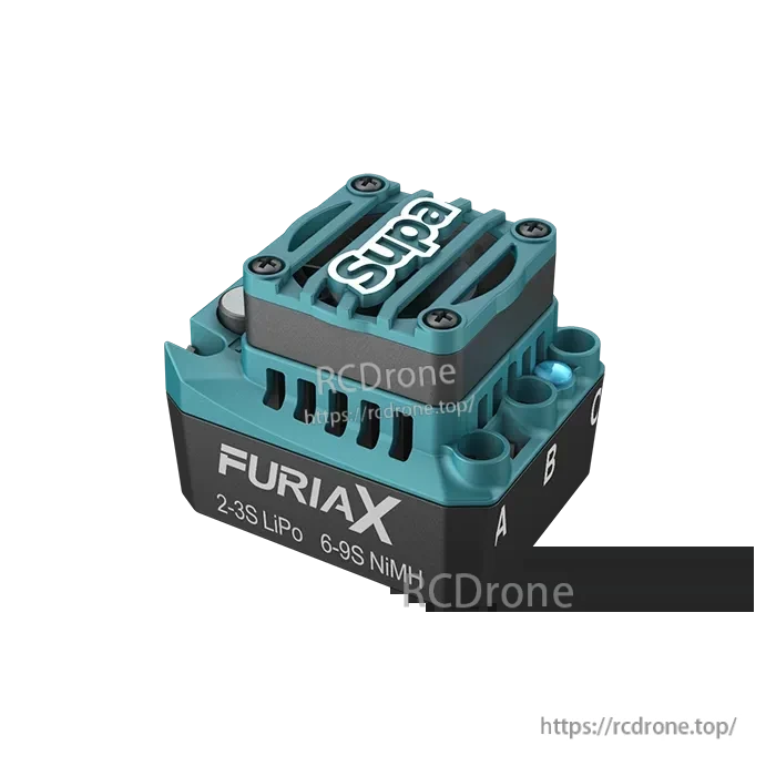Angled view of FURlAX Supa ESC showing A/B/C motor terminals and 2–3S LiPo, 6–9S NiMH marking