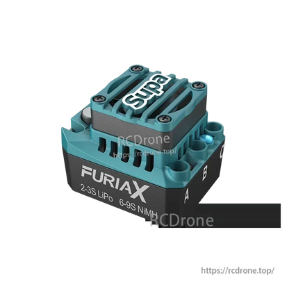 Angled view of FURlAX Supa ESC showing A/B/C motor terminals and 2–3S LiPo, 6–9S NiMH marking