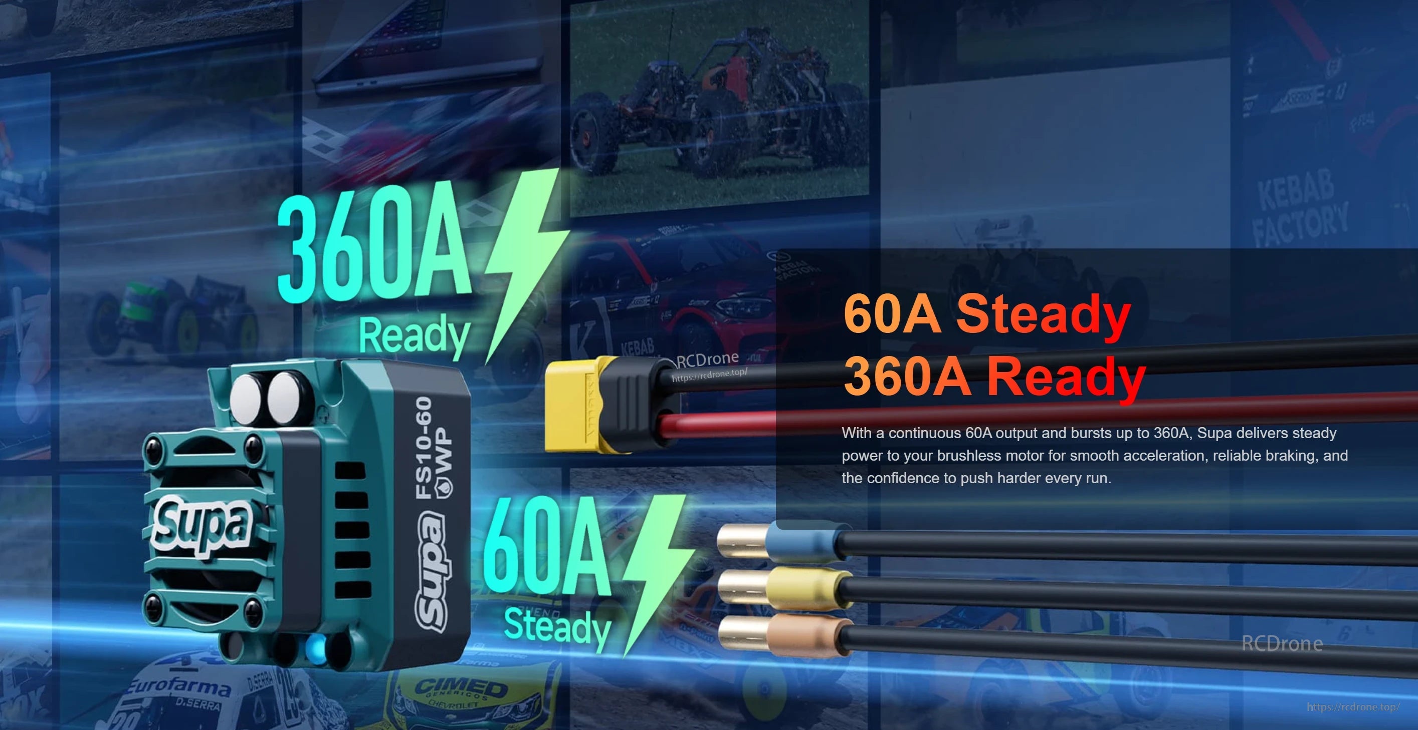 60A steady and 360A burst current capability graphic for the FuriaX Supa ESC with battery lead and motor wires