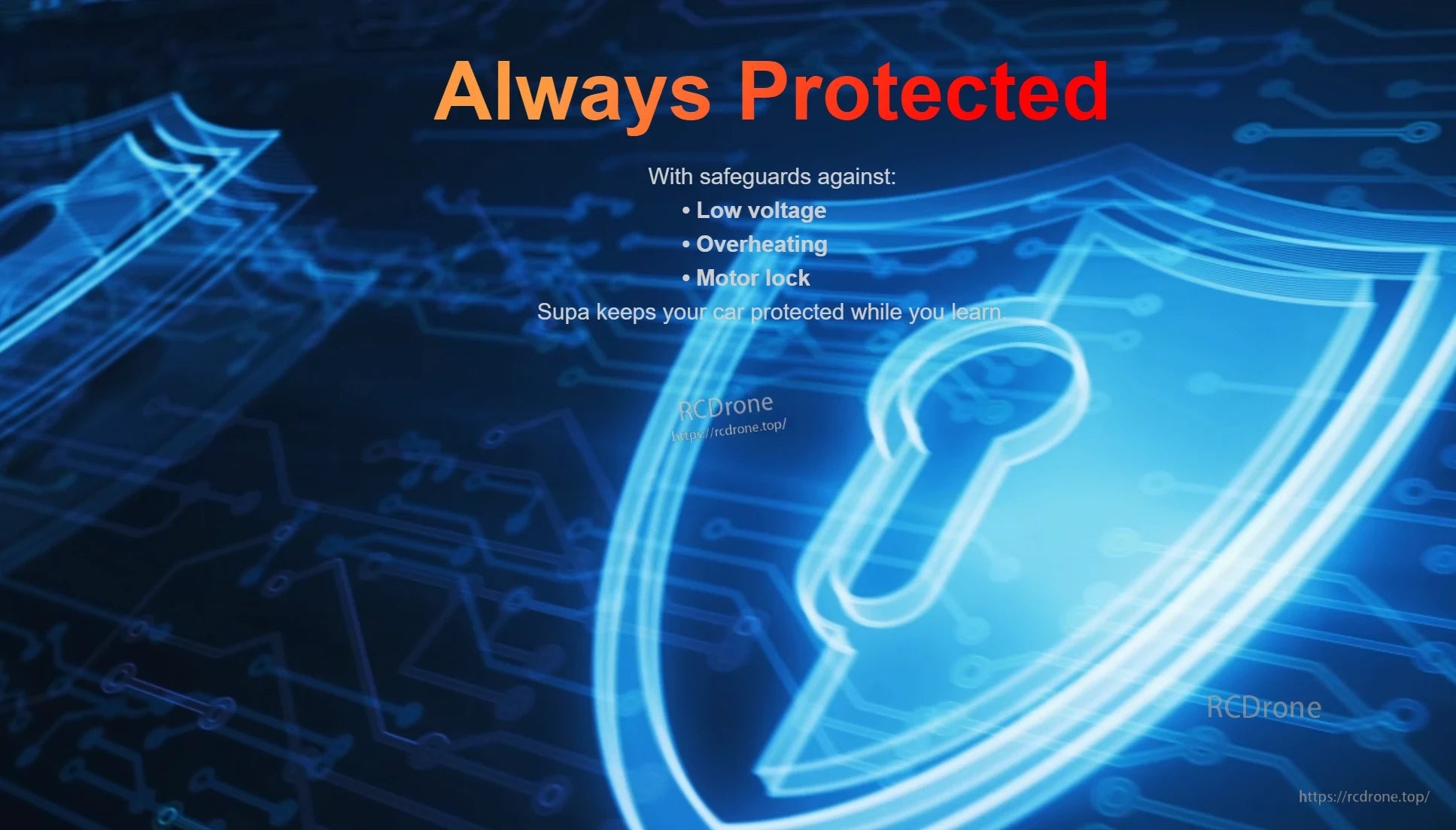 “Always Protected” safeguard graphic listing low voltage, overheating, and motor lock protections
