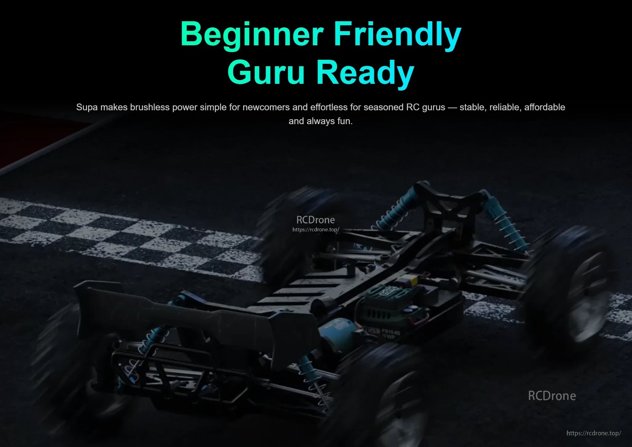 Beginner-friendly banner over a 1/10 RC car chassis, promoting easy brushless setup