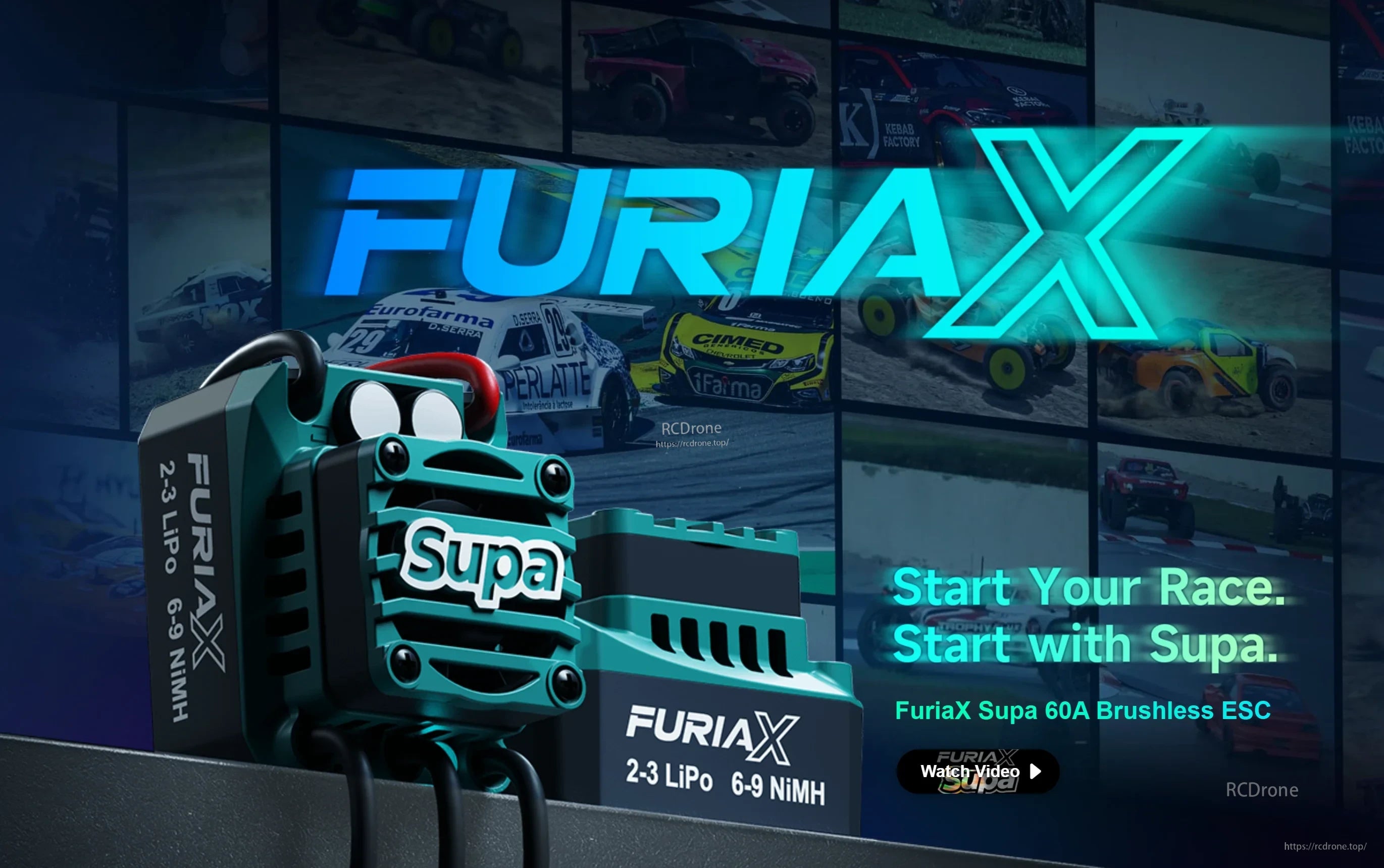 SkyRC FuriaX Supa 60A Brushless ESC hero graphic with 2–3S LiPo / 6–9S NiMH compatibility callout