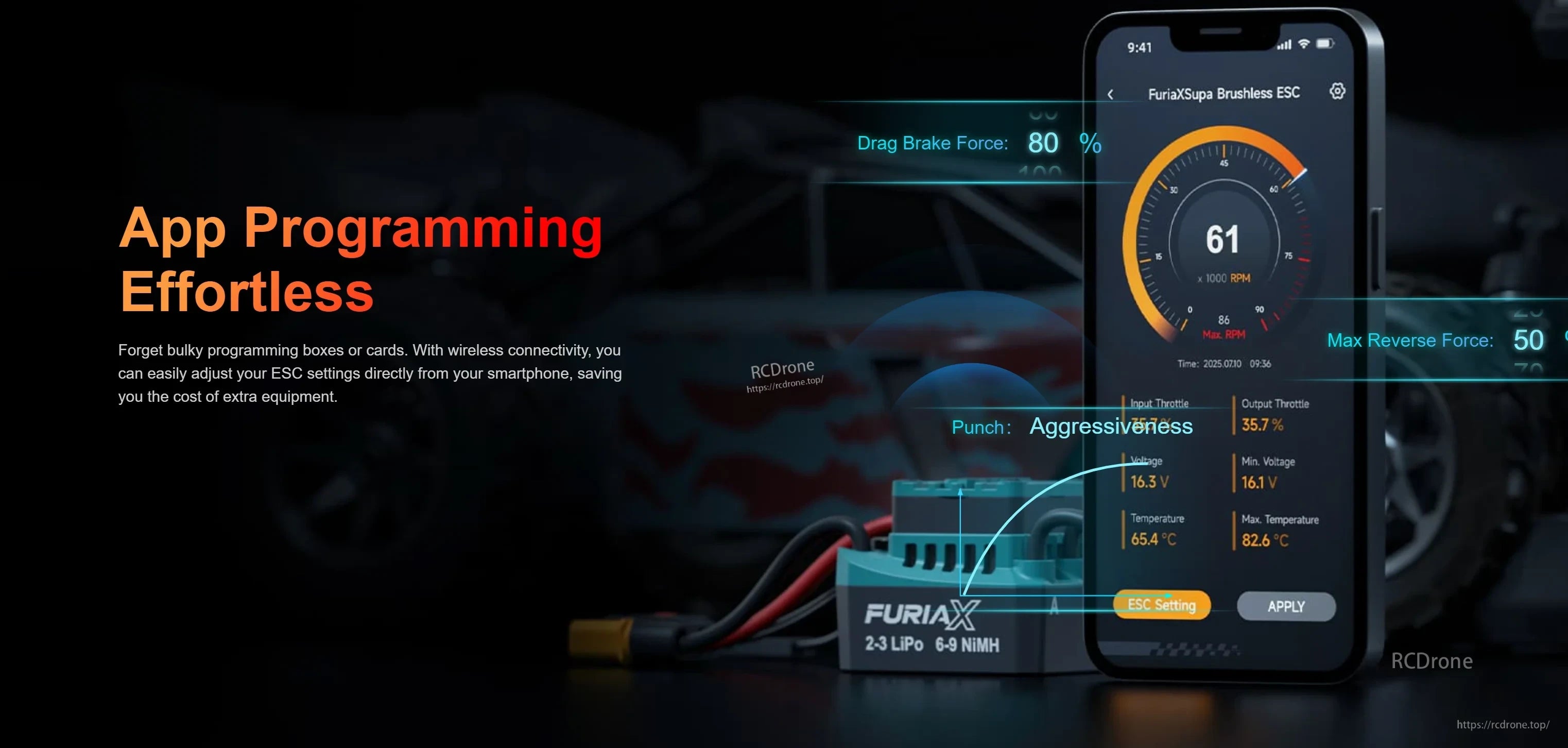 Wireless app programming banner with smartphone UI for ESC settings (drag brake, punch, reverse force)